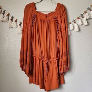 Free People Orange Eyelet Embroidered Square Neck Boho Tie Romper Beach S